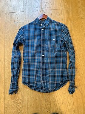 Todd Snyder Navy and Teal Plaid Button-Down Shirt